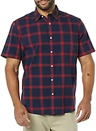 Amazon Essentials Men's Short Sleeve Button Down Shirt, Stretch Cotton, Blue Peach Plaid, Available in Big & Tall, Navy/Red, Buffalo Plaid, Small