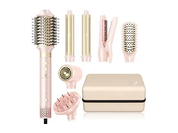 Hair Dryer Brush 8-in-1 Dual Voltage Hot Air Styler – Fast-Drying 110,000 RPM Ionic Blow Dryer with Straightener & Curler Attachments, Frizz-Free Volumizing Styler with Protective Hard Case-Pink