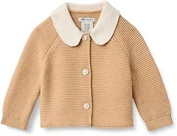 Amazon Essentials x Sofia Grainge Unisex Babies' Peter Pan Collar Sweater Jacket, Soft Cotton Knit with Stretch, Light Camel, 24 Months