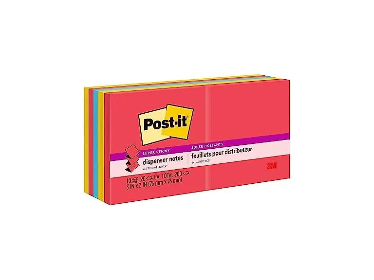 Post-it Super Sticky Dispenser Notes, 3 x 3 in, Playful Primaries, 10 Pads
