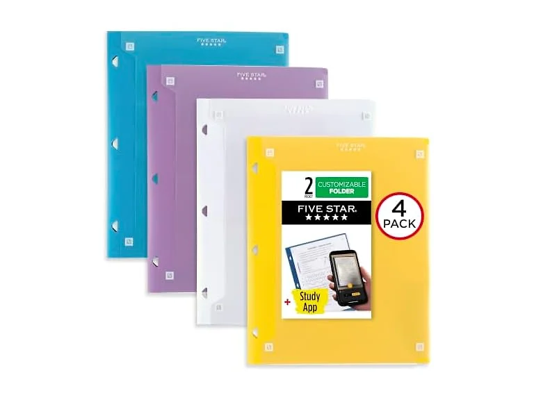 Five Star 2-Pocket Folder + Study App, 4 Pack, Customizable Cover, Fits 3 Ring Binder, Assorted Trend Colors (330092B-ECM)