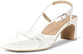 Amazon Essentials Women's Strappy Block Heel Sandals with Ankle Strap, White Faux Leather, 5
