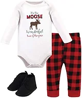 Hudson Baby Unisex Baby Cotton Bodysuit, Pant and Shoe Set, Moose Wonderful Time, 3-6 Months