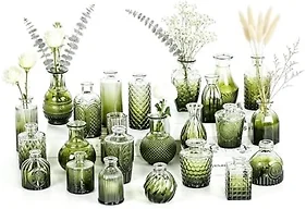 24 Pcs Vintage Green Glass Bud Vase Set, Small Embossed Textured Mini Glass Flower Vases, Assorted Shapes Decorative Vases Bulk for Wedding Table Centerpiece, Farmhouse Home Shelf Decor