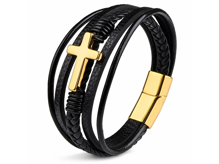 Mens Braided Leather Cross Bracelet
