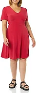 Amazon Essentials Women's Short Sleeve V-Neck Gathered Flattering Fit and Flare Dress, Raspberry Red, Medium