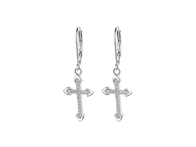 18K White Gold Leverback Cross Earrings