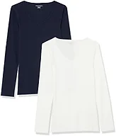 Amazon Essentials Women's Slim-Fit Long Sleeve V-Neck Knit Rib Shirts (Available in Plus Size), Pack of 2, White/Navy, 1X