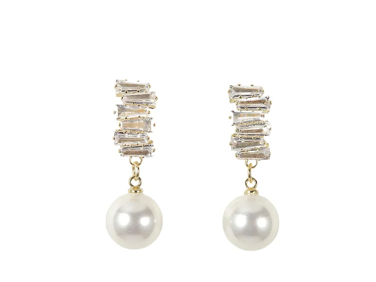 18K Gold Baguette CZ & Pearl Earrings
