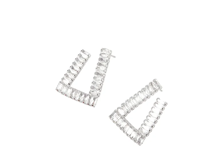 Silver V Shape CZ Stud Earrings