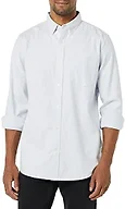 Amazon Essentials Men's Slim-Fit Long-Sleeve Stretch Oxford Cloth Shirt with Pocket, Collared, Powder Blue, Vertical Stripe, Large