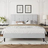 IOILORI Queen Size Bed Frame Platform with Velvet Upholstered Headboard, Sturdy Wooden Slats, No Spring Box, No Noise, Easy to Assemble, Light Grey Bedframe with Strong Wooden Slats, Light Gray