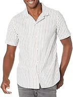 Amazon Essentials Men's Vacation Cotton Button-Down Short Sleeve Resort Shirt, Pink Teal Blue Vertical Stripe, X-Small