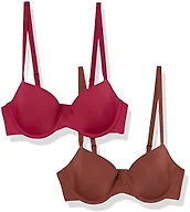Amazon Essentials Women's Underwire Demi Cup Microfiber Bra with Adjustable Straps, Medium Coverage, Pack of 2, Chocolate/Red, 36D