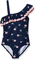 Kanu Surf Girls' Morgan Floral Ruffle 1-Shoulder 1-Piece Swimsuit, Navy, 4T