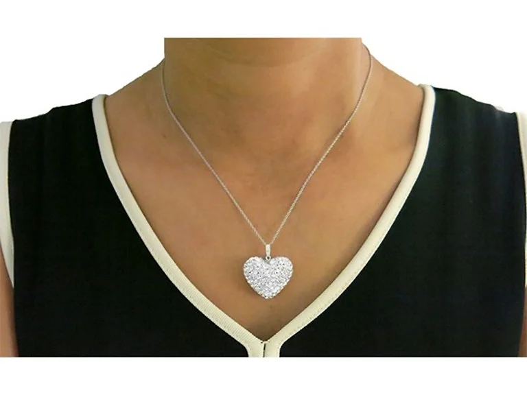 Silver Puffed Crystal Heart Necklace