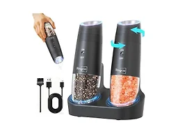 Ringco Gravity Electric Salt and Pepper Grinder Set with Charging Base, Automatic Gravity Salt and Pepper Mill with Adjustable Coarseness, LED Light, 135ml Large Capacity, Gifts for Women