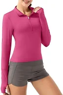 GGOV Crop Tops Women's Long Sleeve Workout Shirt with Half Zip Closure, Slim Fit, and Buttery-Soft Fabric Deep Rose