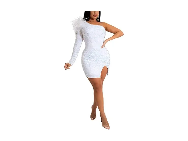 Acelyn Women Sexy One Shoulder Feather Long Dress
