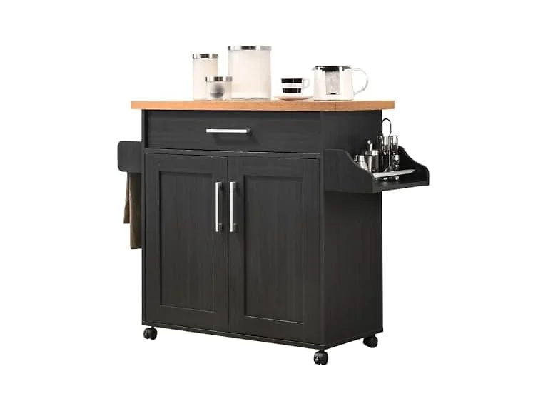 Hodedah Kitchen Island Cart, Blk/Beech