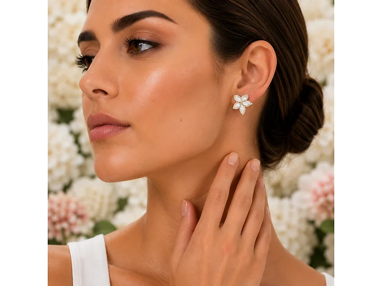 18K Gold Floral Cluster CZ Studs