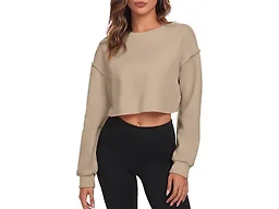 FKEEP Cropped Sweatshirts for Women Long Sleeves Crewneck Pullover Crop Tops Oversized Fit Apricot