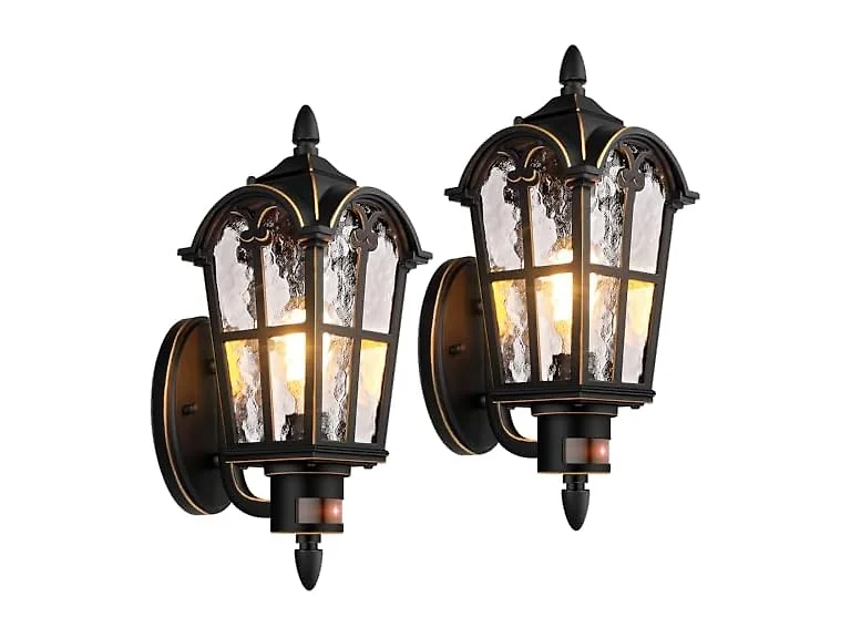 2-Pack 16” Large Motion Sensor Outdoor Wall Lights, Black & Gold