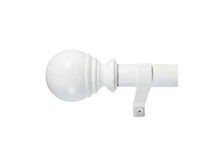 Decopolitan Ball Single Telescoping Drapery Rod Set, 36-72-Inches, White