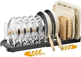 MUDEELA Pots and Pans Organizer under Cabinet, Pan Pot Organizer Inside Cabinet, Expandable 12.9''-21.88'' Pot Lid Organizer Holder with 12 Adjustable Dividers for Cutting Boards, Pan Lid Rack, Black