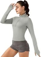 GGOV Crop Tops Women's Long Sleeve Workout Shirt with Half Zip Closure, Slim Fit, and Buttery-Soft Fabric Grey S
