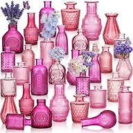 Anquephd 32 PCS Assorted Vintage Bud Vases, Colorful Glass Small Vases Bulk, for Centerpieces, Wedding Table Decor, Home Decorations & Gifts (Pink Seiris)