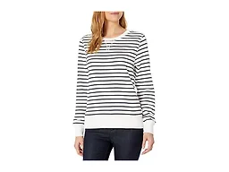 Amazon Essentials Women's Fleece Crewneck Long Sleeve Pullover Sweatshirt (Available in Plus Size), Navy White Horizontal Stripe, X-Small
