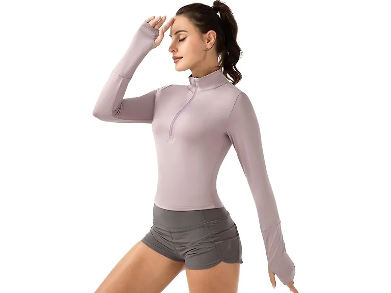 GGOV Women (S) Crop Tops Long Workout Zip Purple