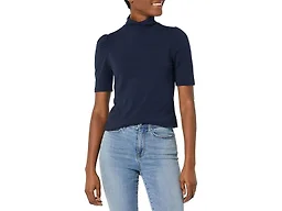 Amazon Essentials Women's Cotton Modal Draped Puff Sleeve Turtleneck Top, Navy, Regular Fit, Navy, Medium