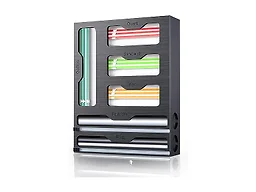 KOCWELL Bag Organizer & Plastic Wrap Dispenser with Cutter, 6 In 1 Bamboo Foil & Plastic Wrap Organizer for Kitchen, Food Storage Bag Organizer