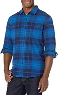Amazon Essentials Men's Regular Fit Long-Sleeve Flannel Shirt, Soft Brushed Cotton, Lightweight yet Warm, Black Blue Plaid, Medium