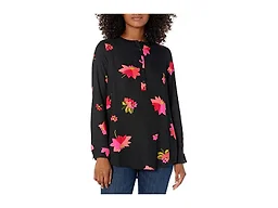 Amazon Essentials Women's Long-Sleeve Relaxed Fit Popover Blouse, Collared Business Casual Work Shirt, Black Pink Floral, Medium