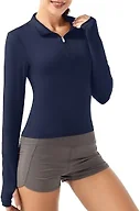 GGOV Crop Tops Women's Long Sleeve Workout Shirt with Half Zip Closure, Slim Fit, and Buttery-Soft Fabric Deep Blue