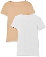 Amazon Essentials Women's 2-Pack Slim-Fit Short-Sleeve Crewneck T-Shirt Shirt, -White/Light Camel, X-Small