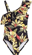 Kanu Surf Girls' Morgan Floral Ruffle 1-Shoulder 1-Piece Swimsuit, Sunflower Black, 14