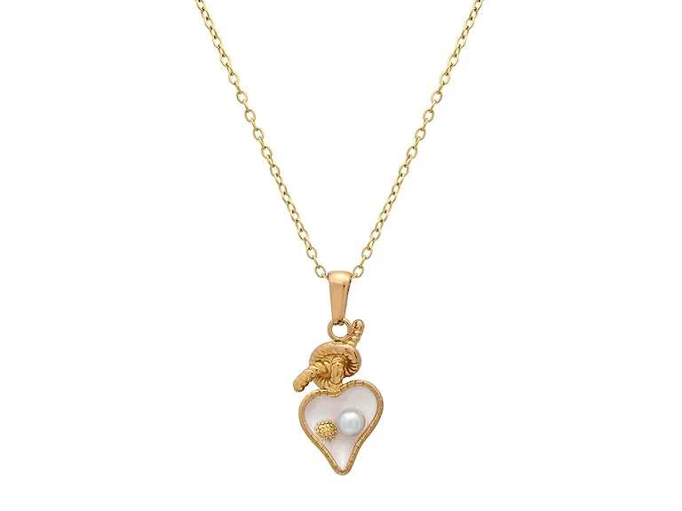 18K Gold Plated Heart Necklace - Mother of Pearl & Pearl Accent Pendant