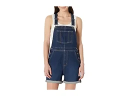 Amazon Essentials Women's Women's Medium Stretch Relaxed-Fit Denim Short Overalls with Adjustable Straps, Dark Wash, Large
