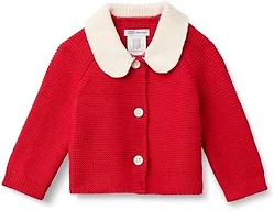 Amazon Essentials x Sofia Grainge Unisex Babies' Peter Pan Collar Sweater Jacket, Soft Cotton Knit with Stretch, Red, 24 Months