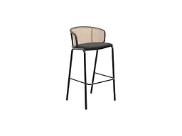 LeisureMod Ervilla Mid-Century Modern Wicker Bar Stool with Fabric Seat and Black Powder Coated Steel Frame for Kitchen and Dining Room in Black