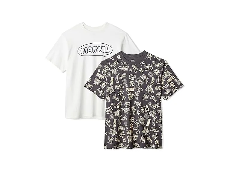 Amazon Essentials Disney Men's Cotton Regular-Fit Short-Sleeve Crewneck T-Shirt, Pack of 2, Ivory Marvel Logo, Medium