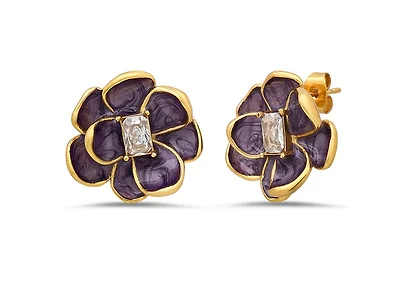 18K Gold Purple Floral Crystal Studs