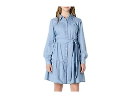 Amazon Essentials Women's Button Front Fit and Flare Denim Chambray Long-Sleeve Tiered Shirtdress, Iced Blue Light Wash, X-Large