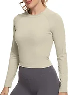 GGOV Womens Long Sleeve Crop Workout Tops Yoga Cropped Top Gym Shirts Athletic Clothes Slim Fit Apricot