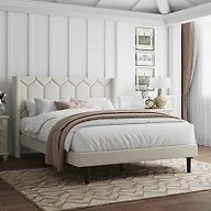 IOILORI Full Size Bed Frame with Velvet Upholstered Headboard, Platform Bed Frame No Box Spring Needed, Modern Bedframe with Strong Wooden Slats, Beige