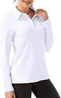 FKEEP Women Long Sleeve Polo Shirt Golf Sport Top Athletic Sportswear Tennis Activewear (White, L)
